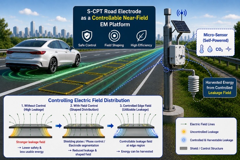 Conceptual illustration: an S-CPT road electrode as a controllable near-field EM platform that powers a self-powered roadside micro-sensor