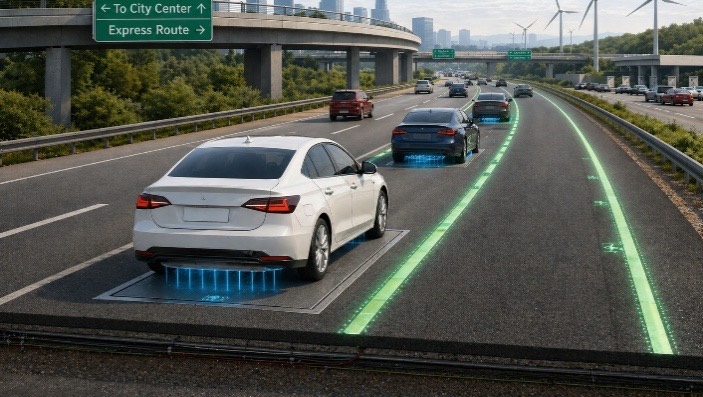 Conceptual illustration of a highway capacitive dynamic wireless power transfer system charging EVs while they drive