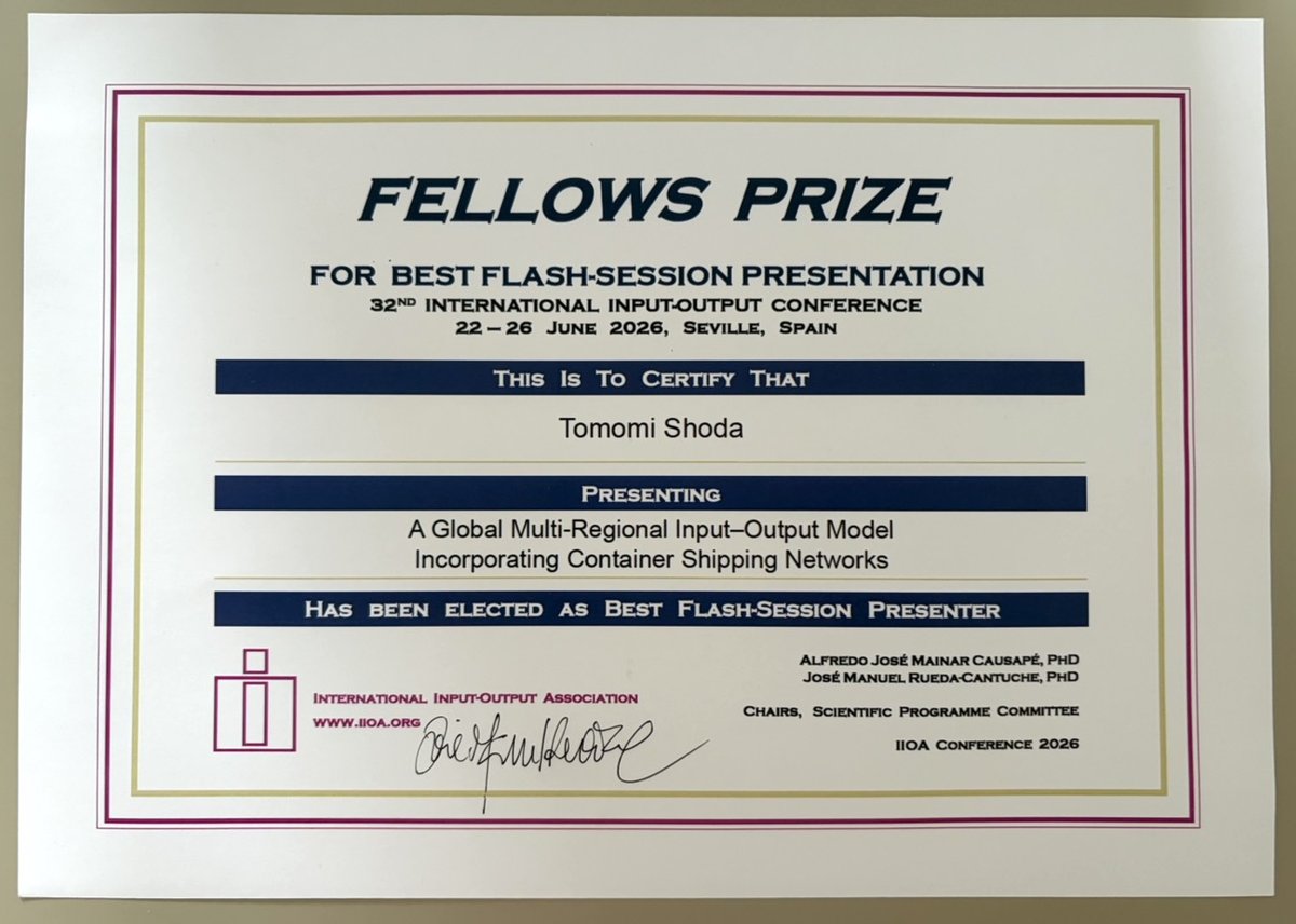 Fellows Prize certificate for Best Flash-Session Presentation awarded to Tomomi Shoda by the International Input–Output Association